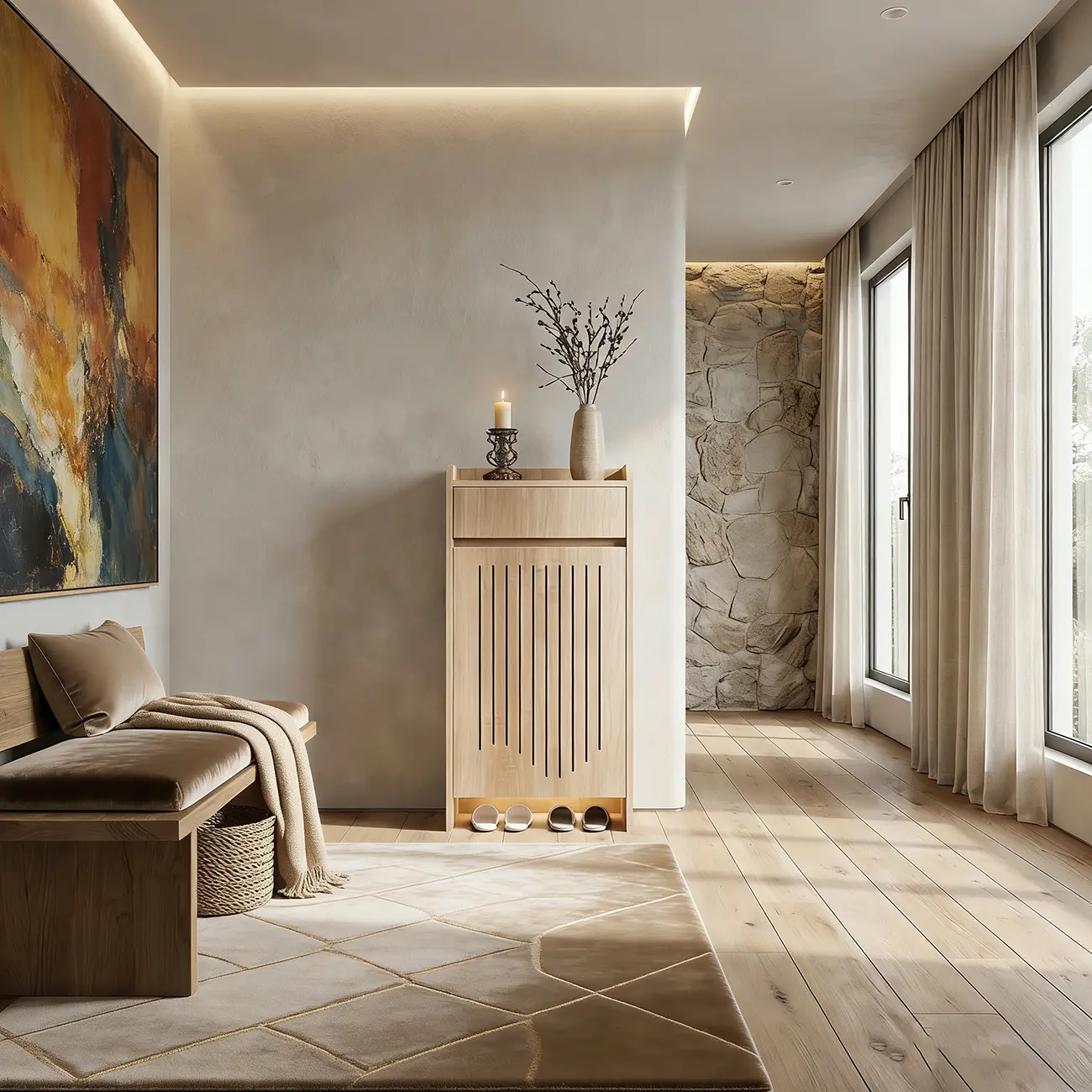 Modern Slim Wood Beige Entryway Shoe Cabinet Image - 2 | homeyfad