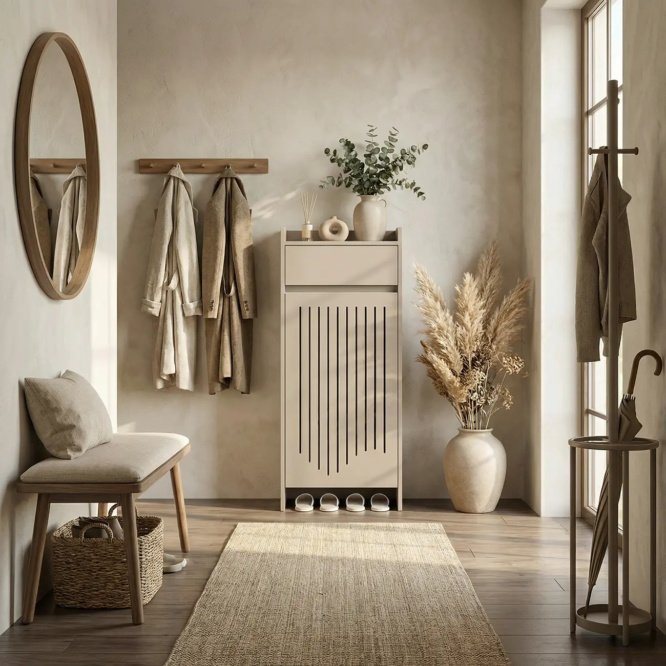 Modern Slim Wood Beige Entryway Shoe Cabinet Image - 1 | homeyfad