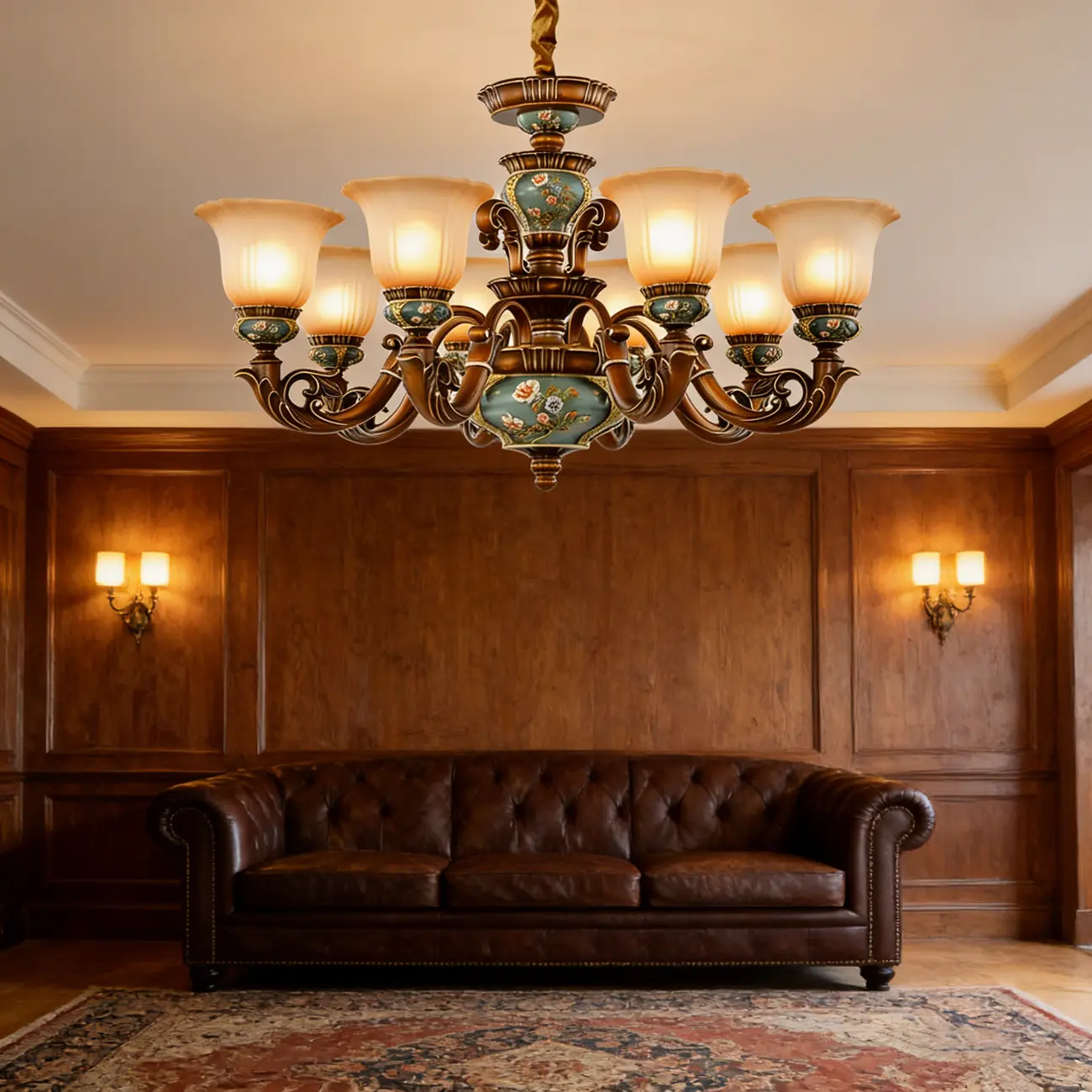 Vintage Brass Floral Glass Ceramic Chandelier Image - 2 | homeyfad