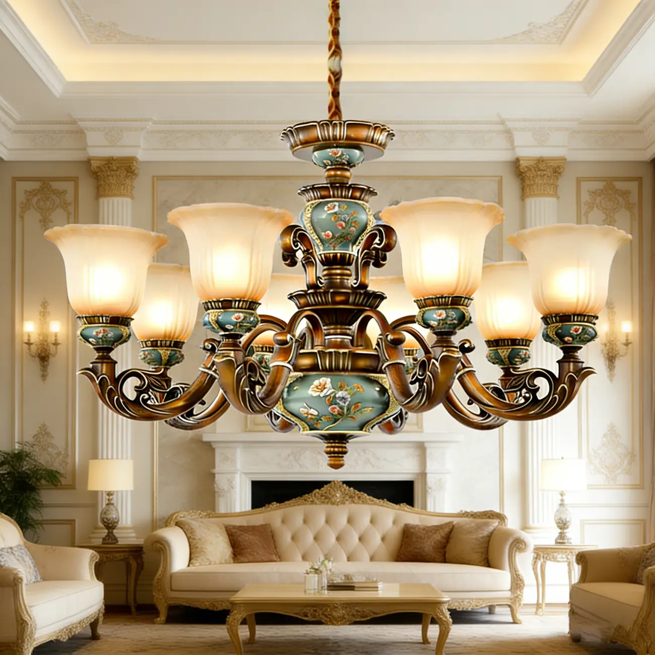 Vintage Brass Floral Glass Ceramic Chandelier Image - 3 | homeyfad