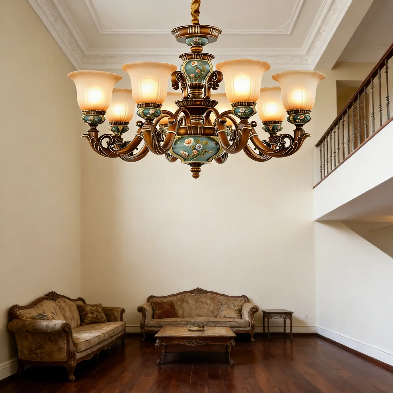 Vintage Brass Floral Glass Ceramic Chandelier Image - 4 | homeyfad