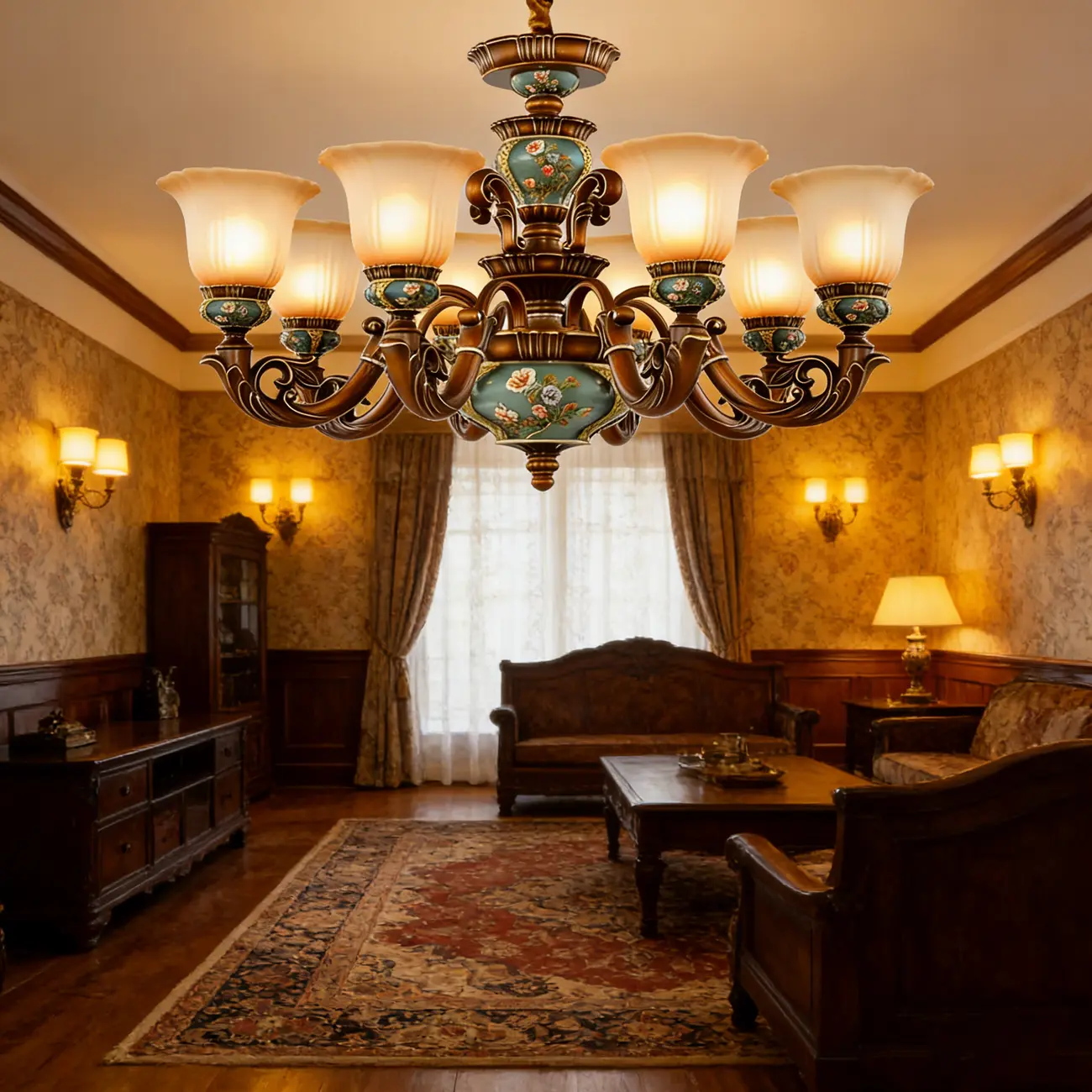 Vintage Brass Floral Glass Ceramic Chandelier Image - 5 | homeyfad