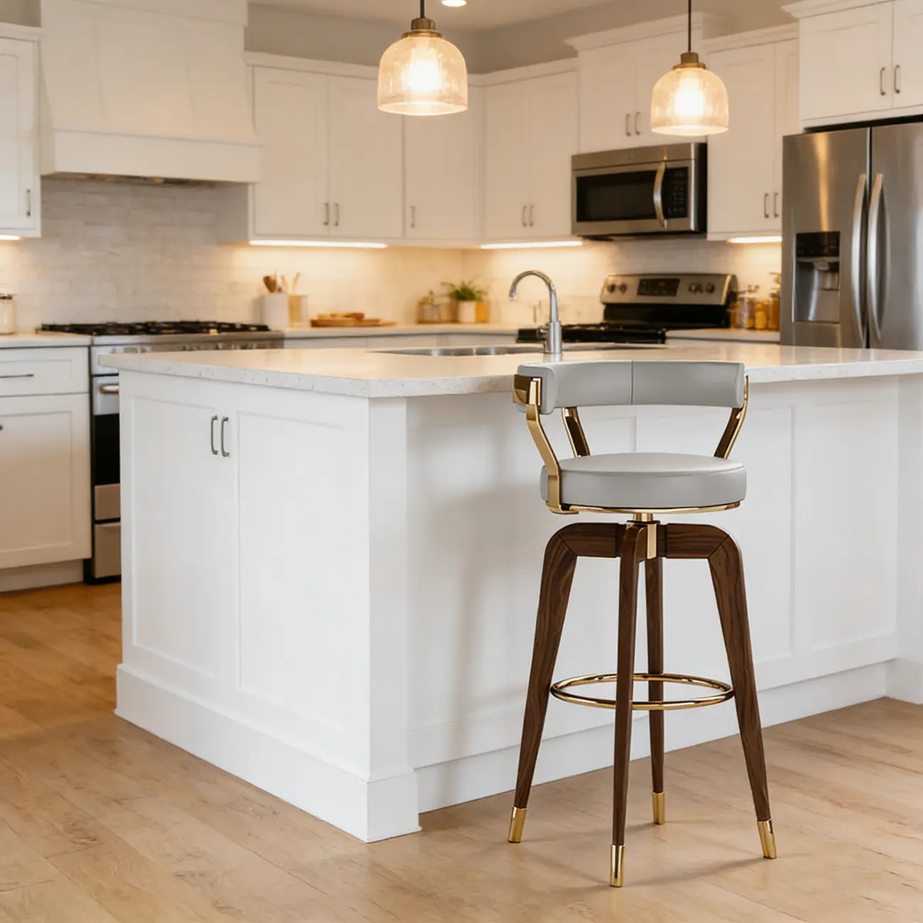 Swivel Mid Century Modern Counter Height Leather Bar Stools Image - 3 | homeyfad