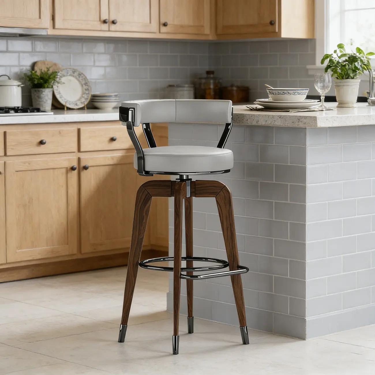 Swivel Mid Century Modern Counter Height Leather Bar Stools Image - 6 | homeyfad