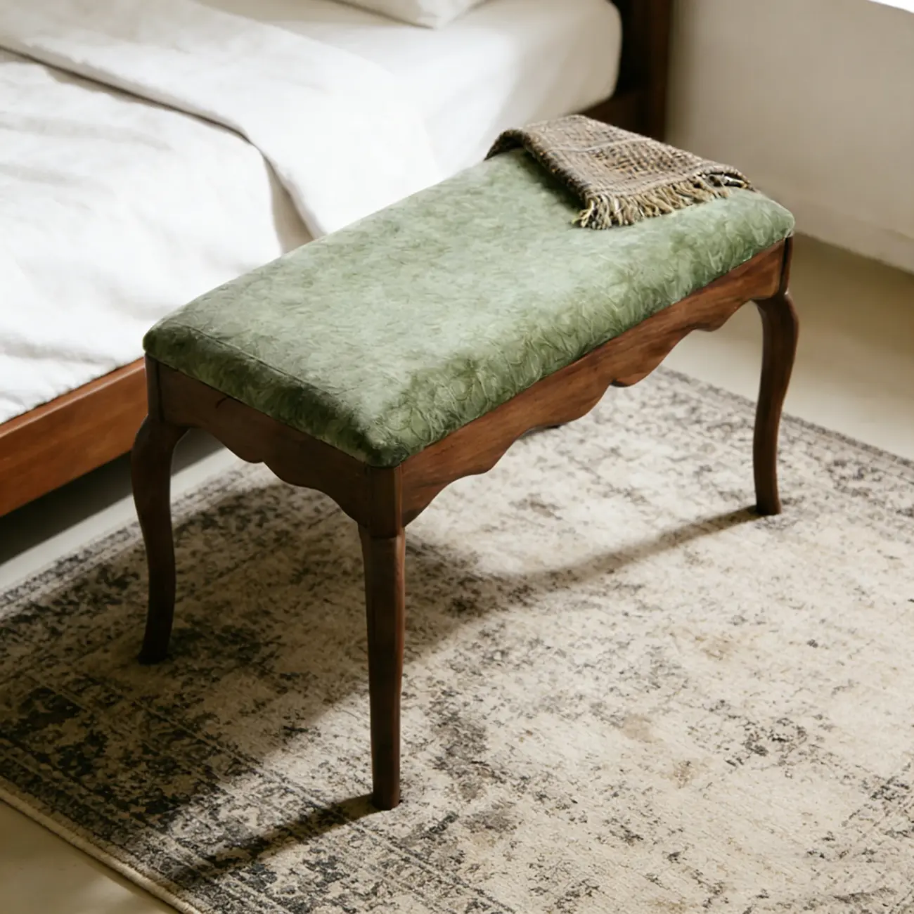 Mid-century Modern Scalloped Upholstered Green Wood Bench Image - 2 | homeyfad