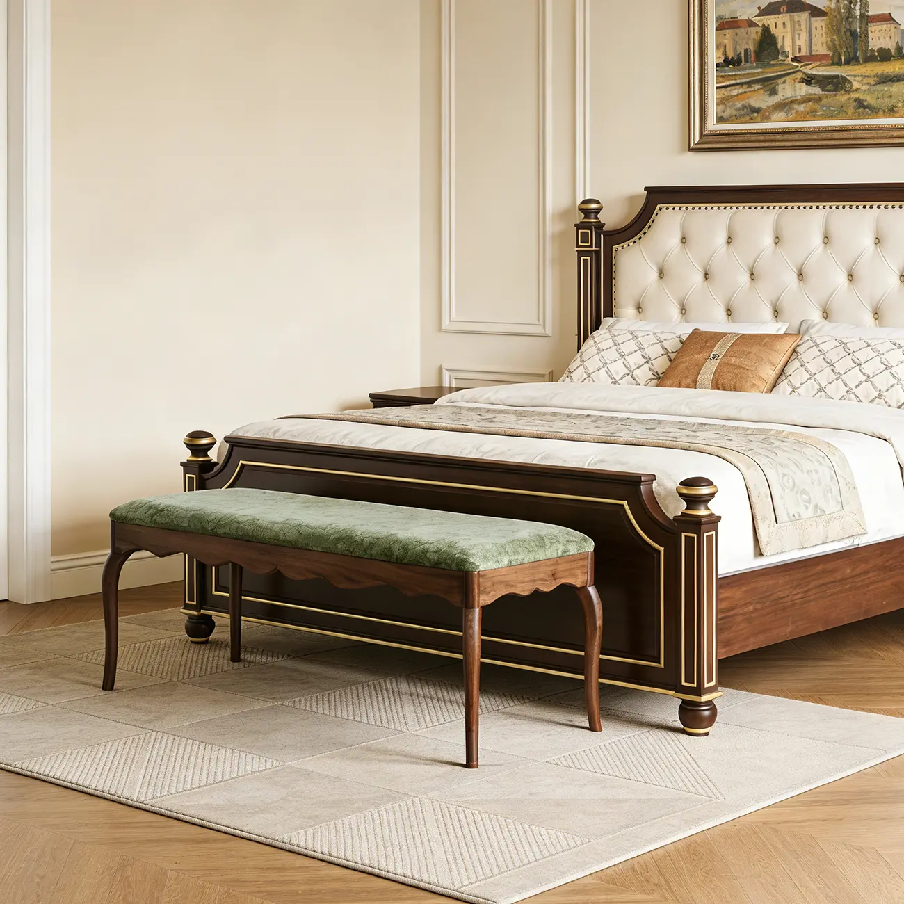 Mid-century Modern Scalloped Upholstered Green Wood Bench Image - 4 | homeyfad