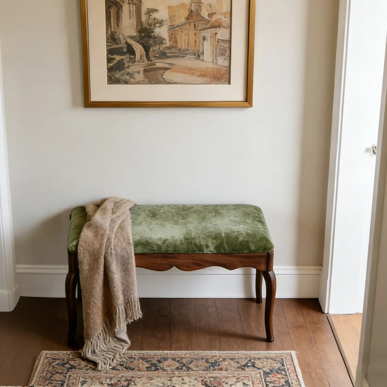 Mid-century Modern Scalloped Upholstered Green Wood Bench Image - 5 | homeyfad