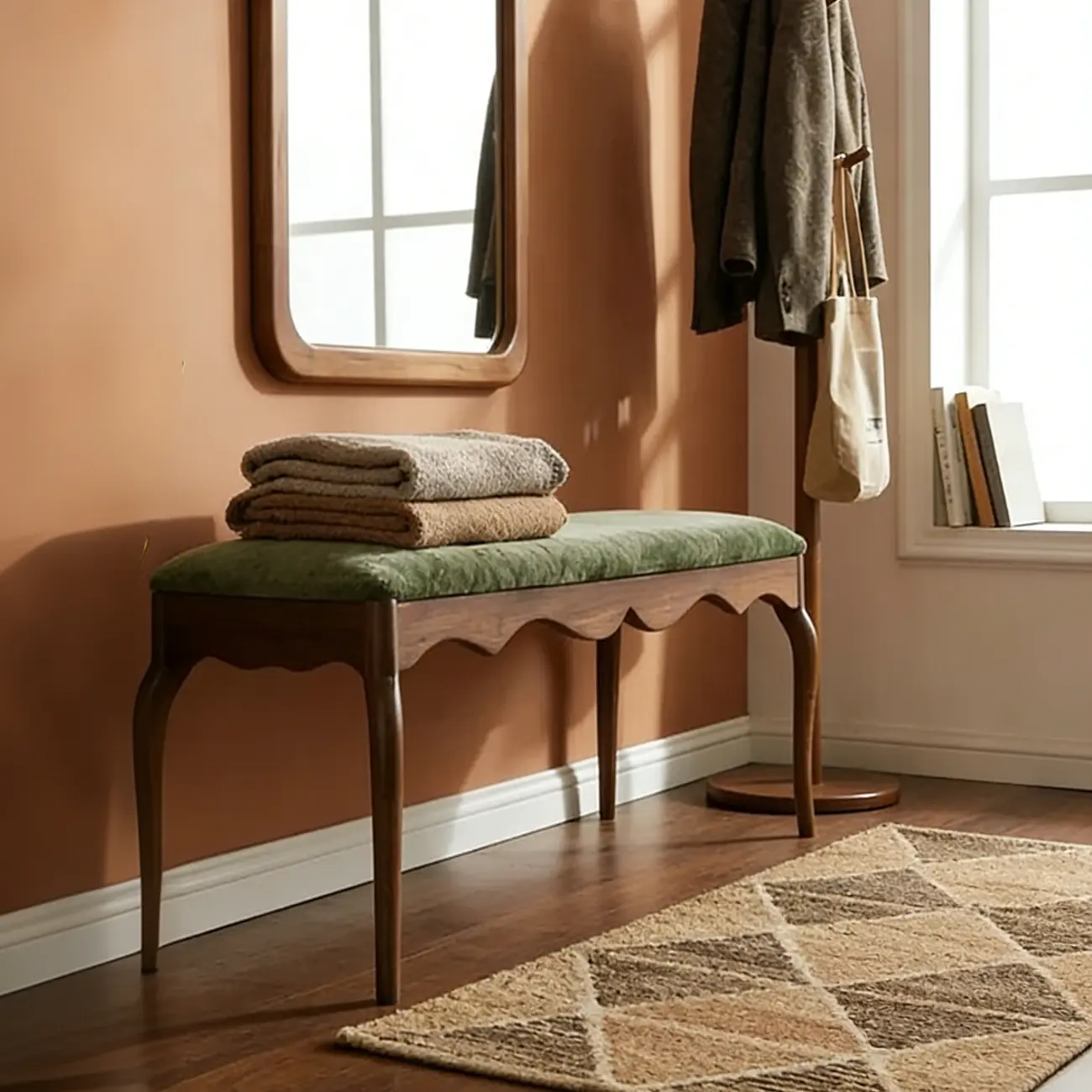 Mid-century Modern Scalloped Upholstered Green Wood Bench Image - 3 | homeyfad