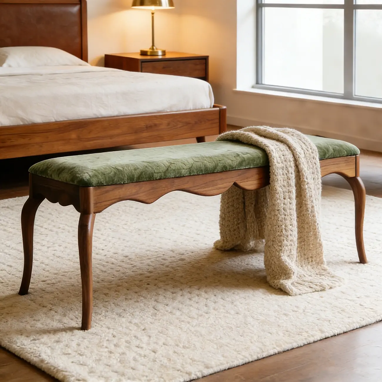 Mid-century Modern Scalloped Upholstered Green Wood Bench Image - 1 | homeyfad