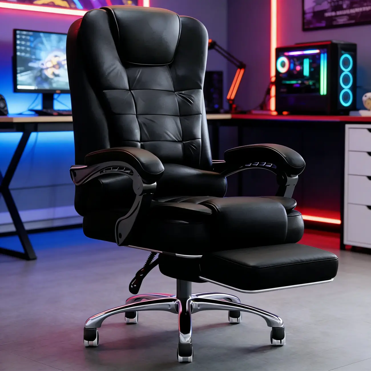 Ergonomic Black Leather Swivel Office Chair with Footrest Image - 1 | homeyfad