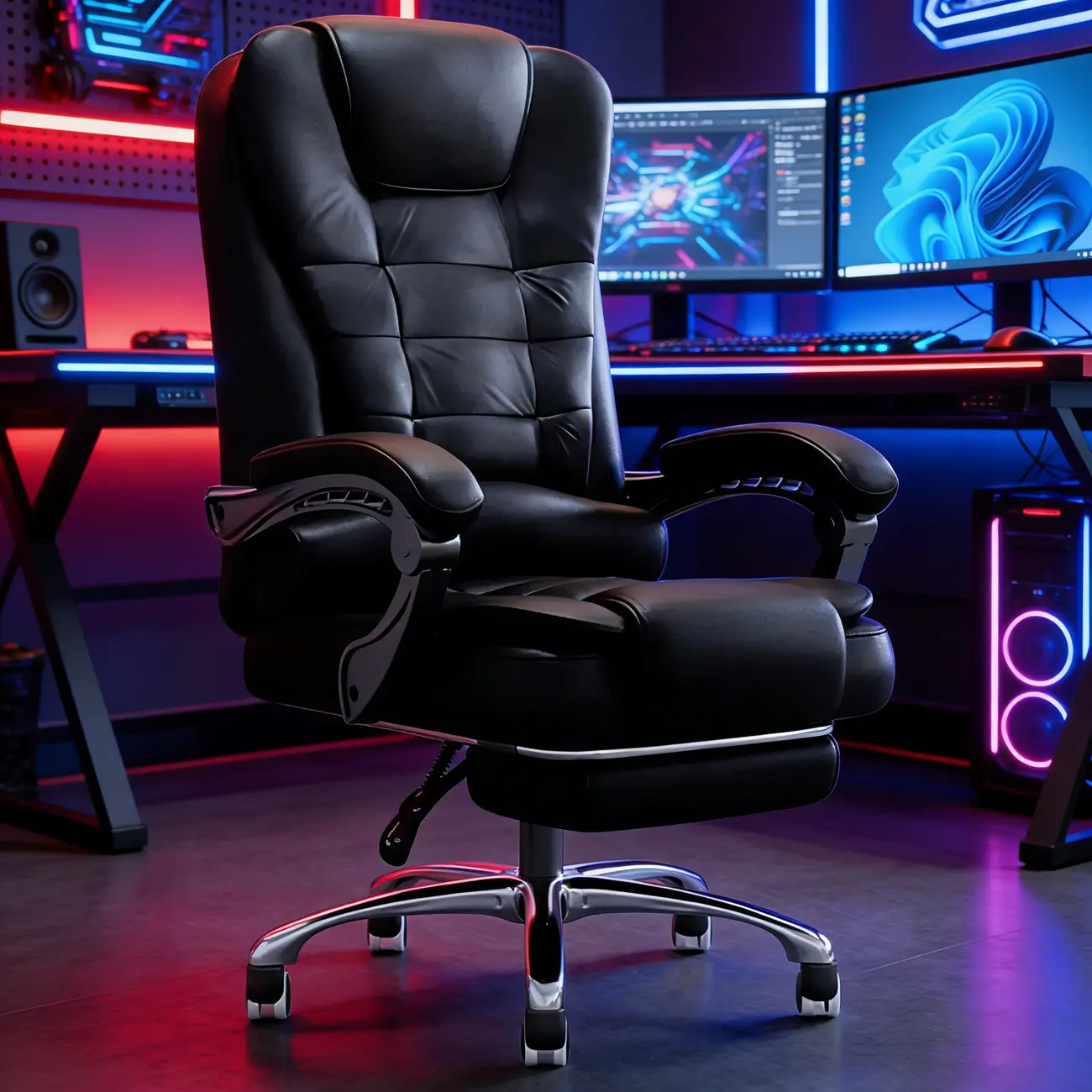 Ergonomic Black Leather Swivel Office Chair with Footrest Image - 2 | homeyfad