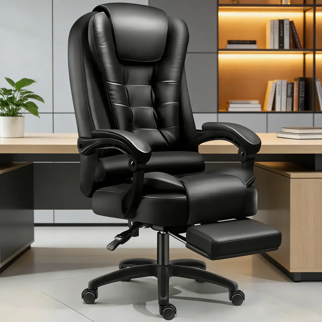 Ergonomic Black Leather Swivel Office Chair with Footrest Image - 3 | homeyfad