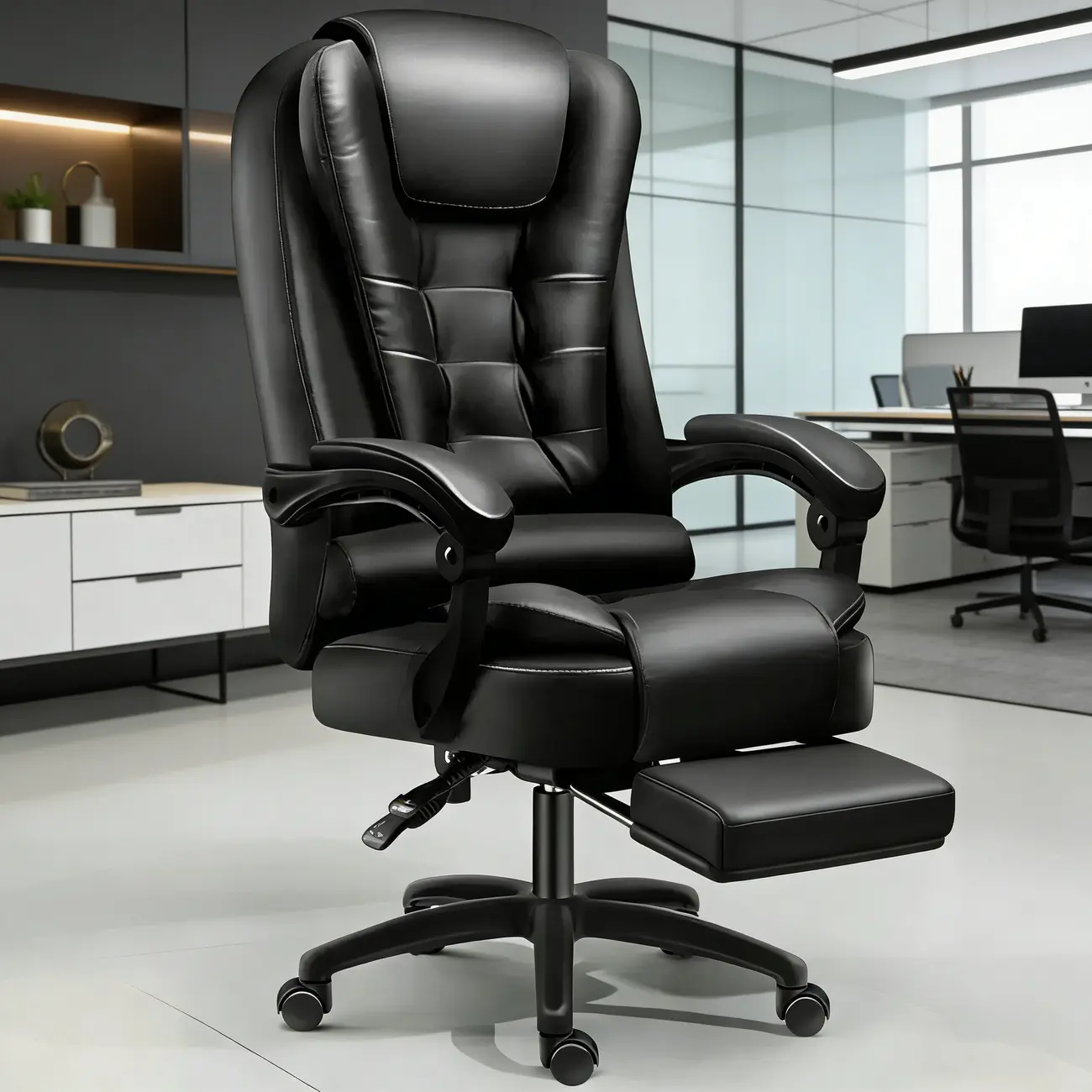 Ergonomic Black Leather Swivel Office Chair with Footrest Image - 4 | homeyfad