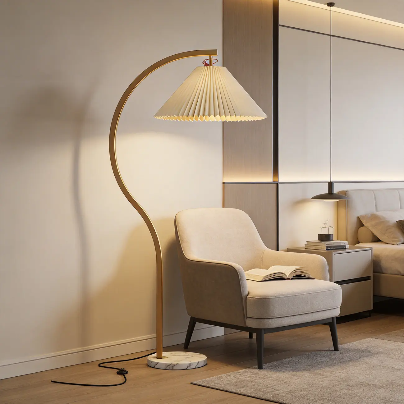 Modern Arched Floor Lamp with Adjustable Pleated Shade Image - 1 | homeyfad