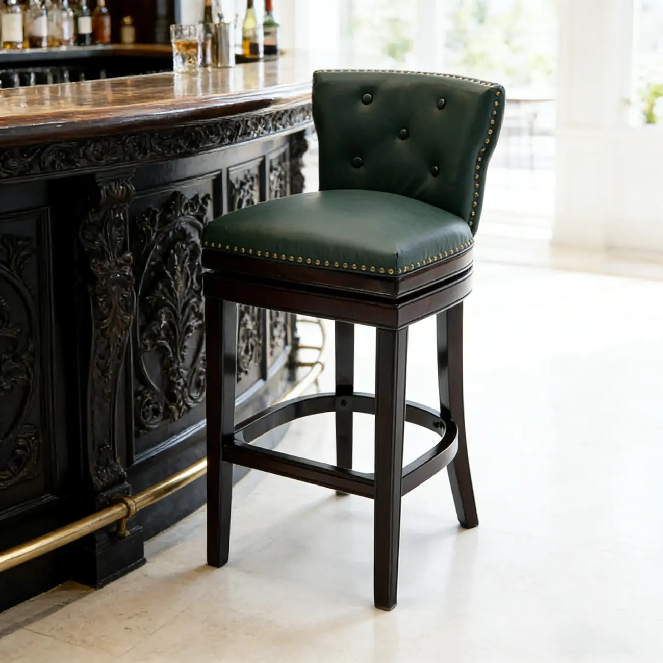 Solid Wood Genuine Leather Swivel Bar Stool Image - 12 | homeyfad