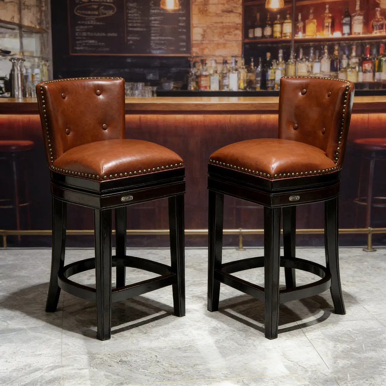 Solid Wood Genuine Leather Swivel Bar Stool Image - 1 | homeyfad