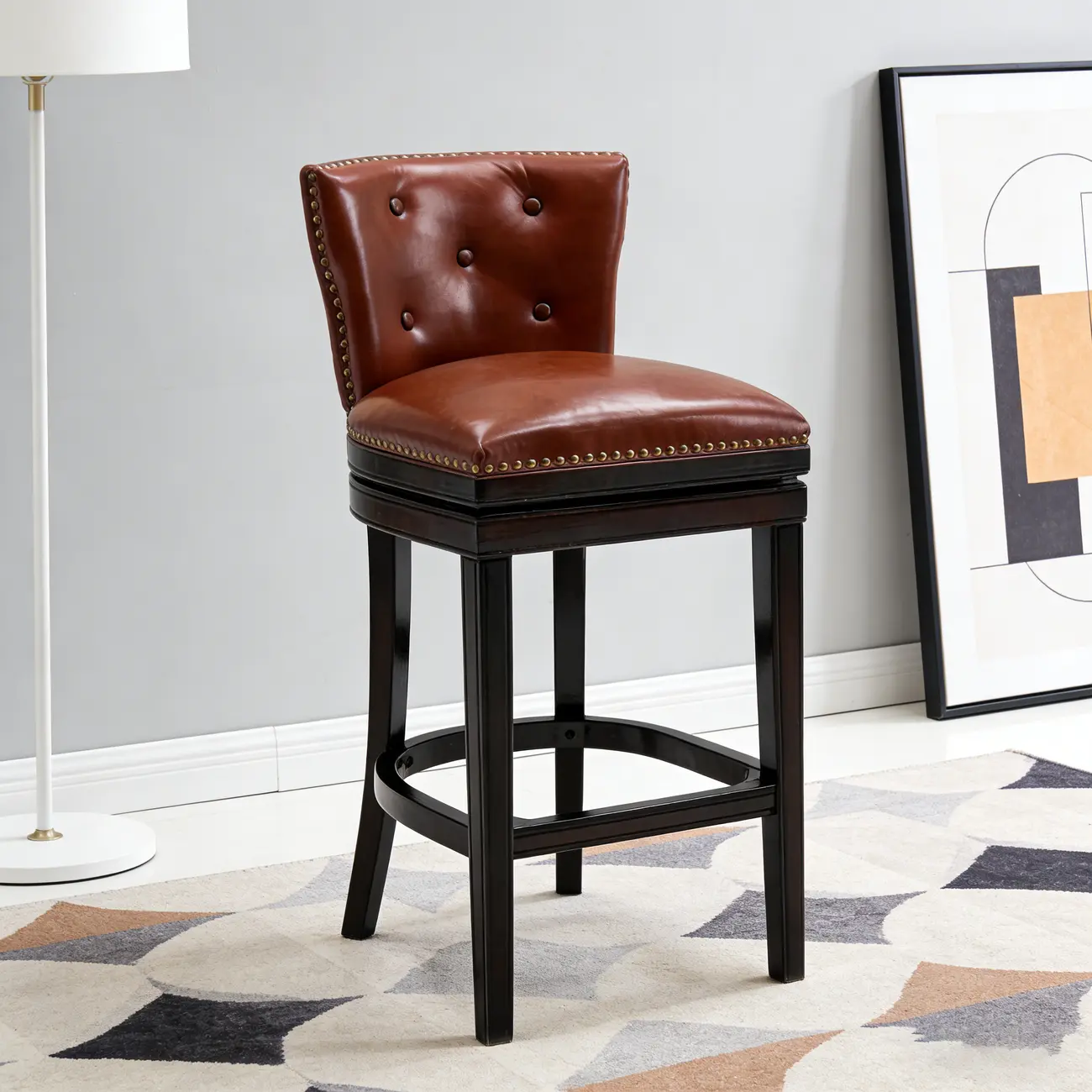 Solid Wood Genuine Leather Swivel Bar Stool Image - 1 | homeyfad