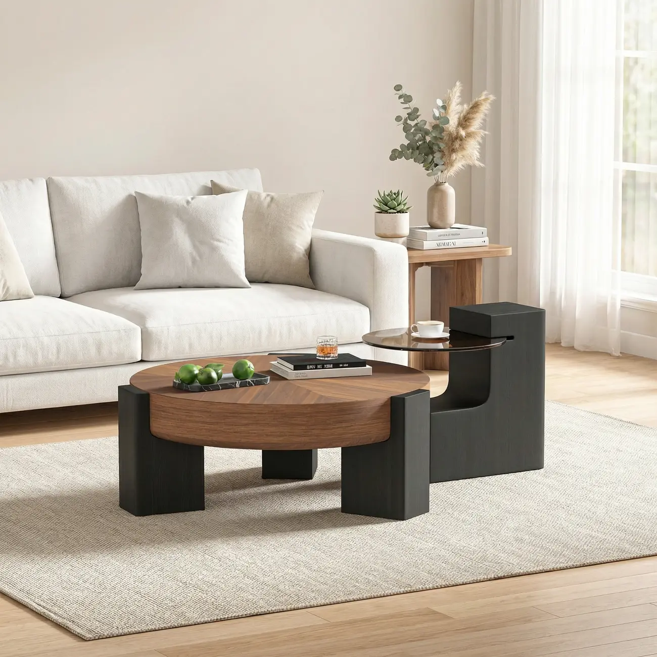 Modern Round Wooden Glass Top Coffee Table Image - 3 | homeyfad