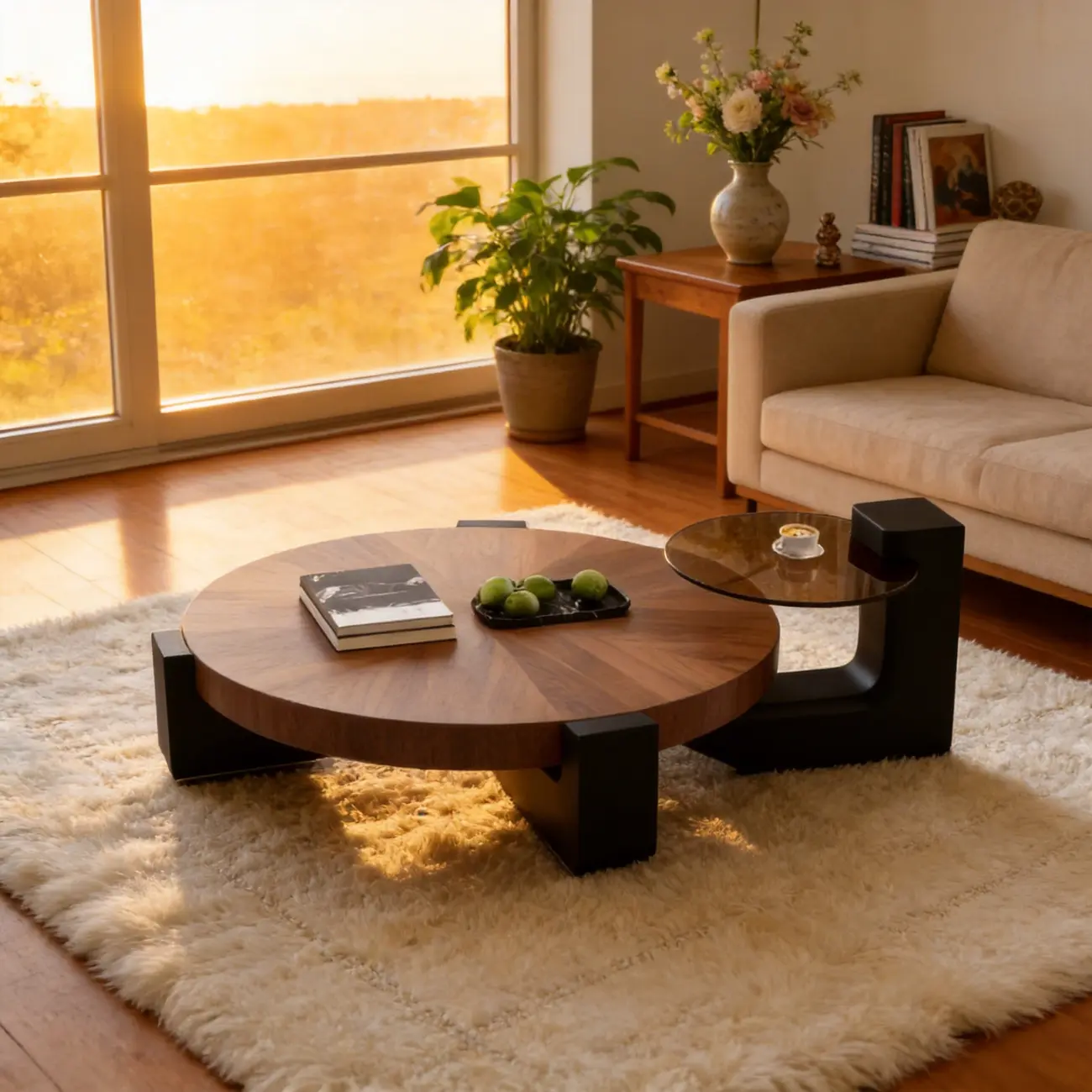 Modern Round Wooden Glass Top Coffee Table Image - 1 | homeyfad