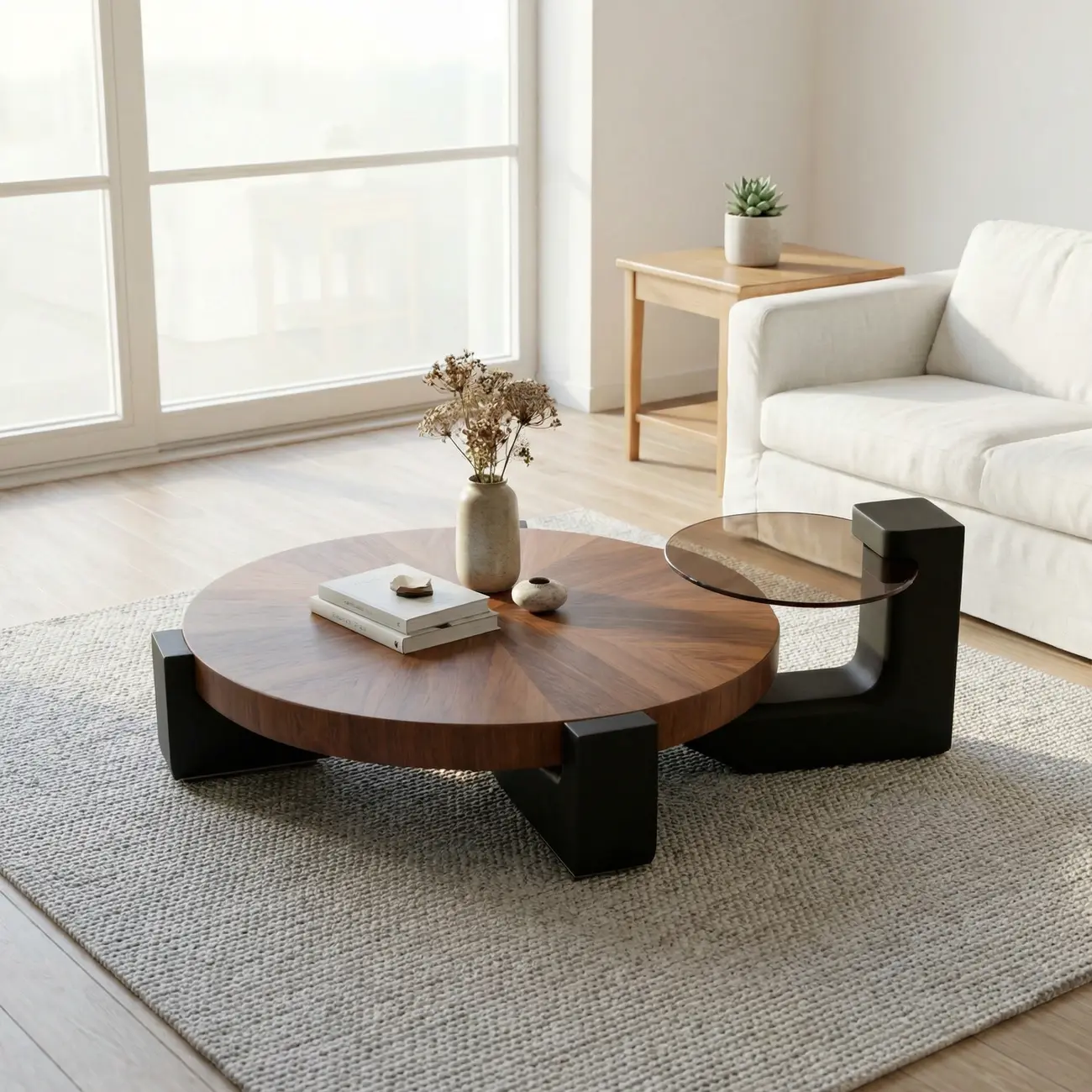 Modern Round Wooden Glass Top Coffee Table Image - 4 | homeyfad