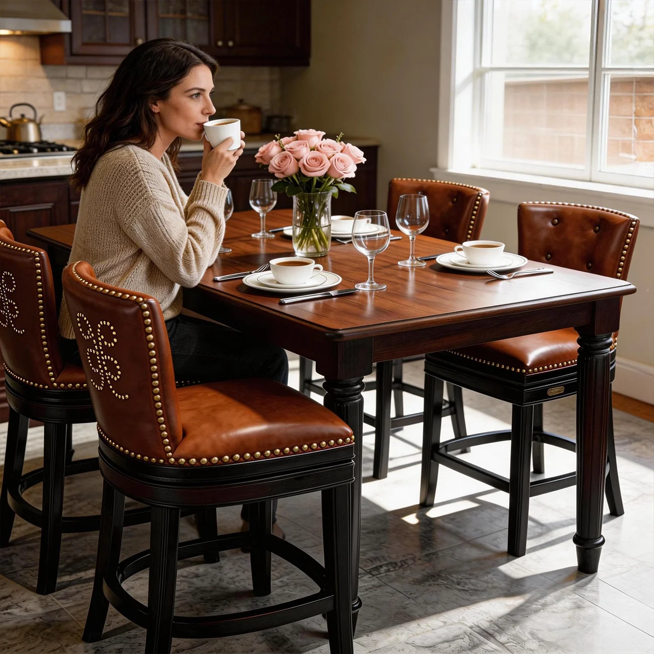 Solid Wood Genuine Leather Swivel Bar Stool Image - 3 | homeyfad