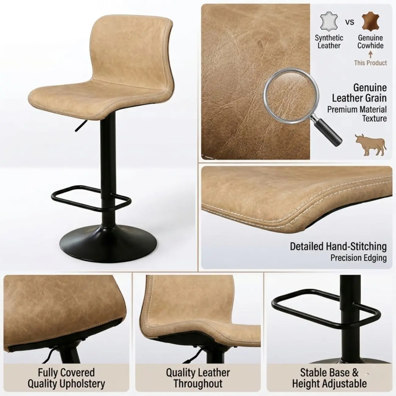 Leather Low Back Adjustable Swivel Sleek Bar Stools Image - 19 | homeyfad