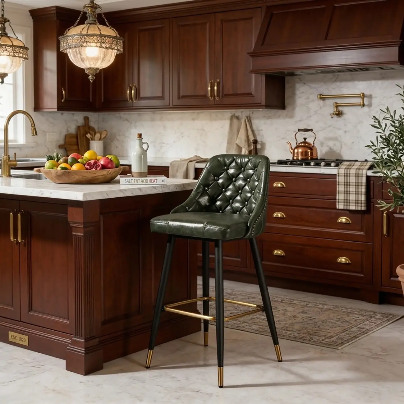 Mid Century Modern Tufted Back Counter Stools Oil Wax Leather  Image - 5 | homeyfad