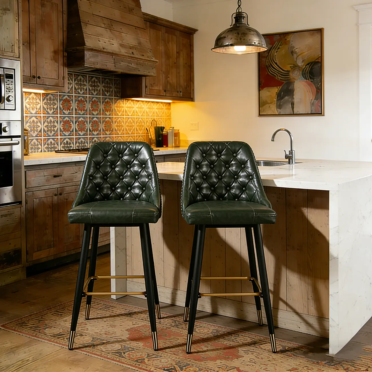 Mid Century Modern Tufted Back Counter Stools Oil Wax Leather  Image - 2 | homeyfad