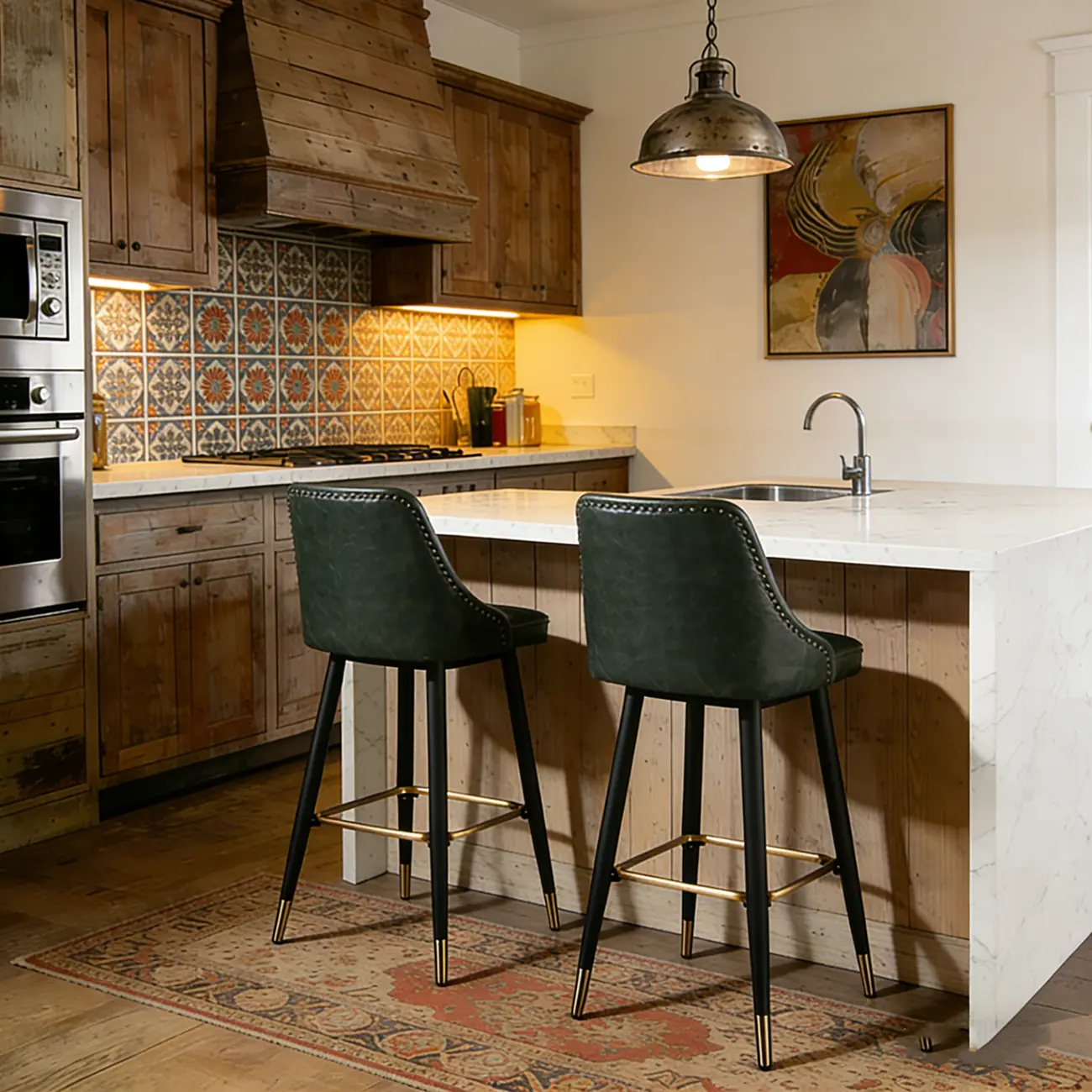 Mid Century Modern Tufted Back Counter Stools Oil Wax Leather  Image - 3 | homeyfad