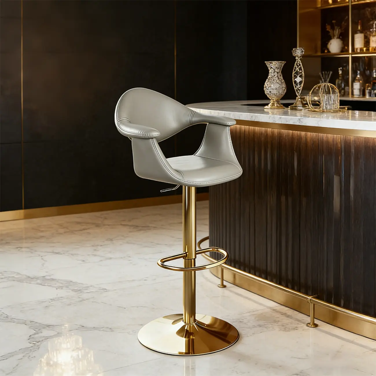 Elegant Adjustable Swivel Golden Cat-scratch Leather Bar Stools Image - 3 | homeyfad