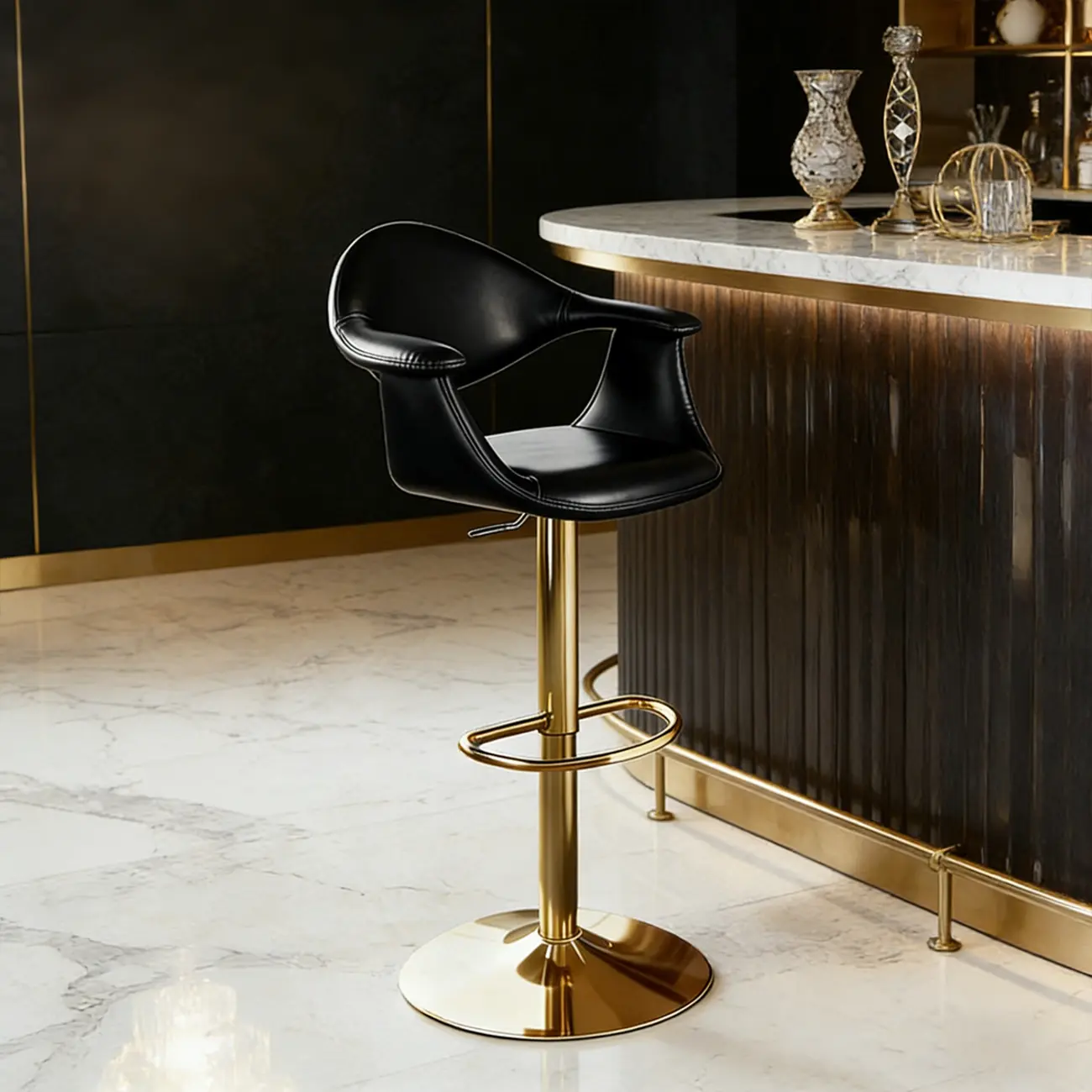 Elegant Adjustable Swivel Golden Cat-scratch Leather Bar Stools Image - 4 | homeyfad