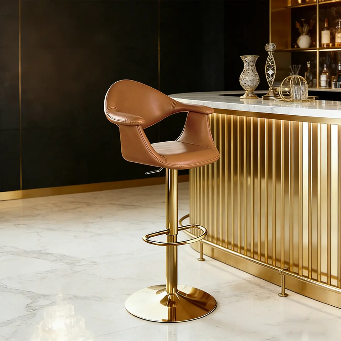 Elegant Adjustable Swivel Golden Cat-scratch Leather Bar Stools Image - 2 | homeyfad