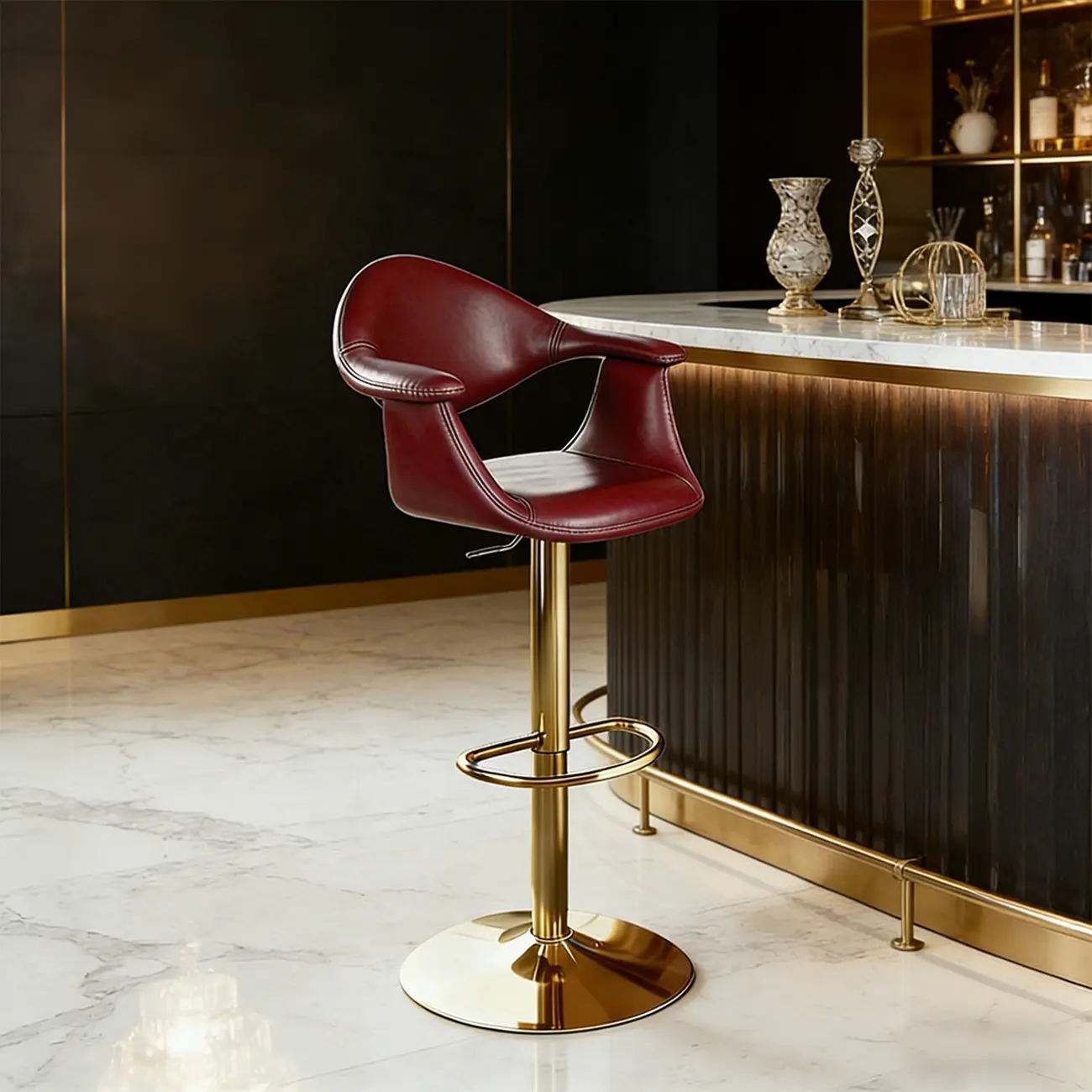 Elegant Adjustable Swivel Golden Cat-scratch Leather Bar Stools Image - 5 | homeyfad