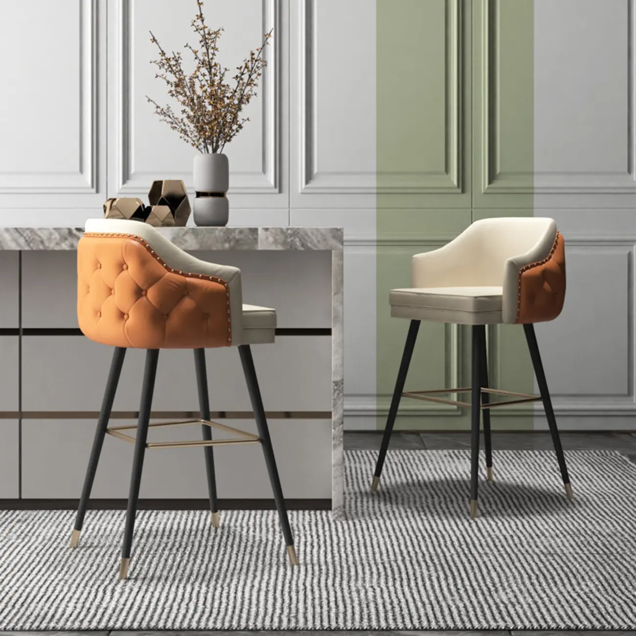 Mid-century Modern Upholstered Tufted Back Tuxedo Counter Stools Image - 7 | homeyfad