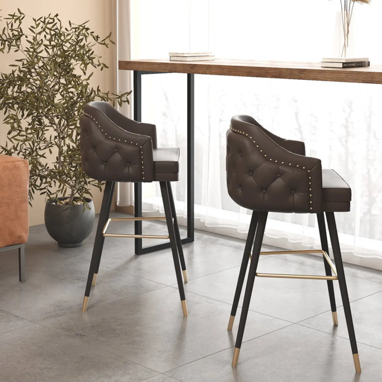 Mid-century Modern Upholstered Tufted Back Tuxedo Counter Stools Image - 8 | homeyfad