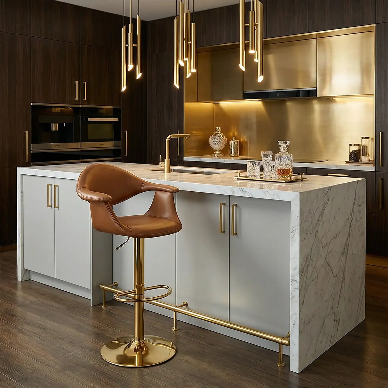 Elegant Adjustable Swivel Golden Cat-scratch Leather Bar Stools Image - 1 | homeyfad