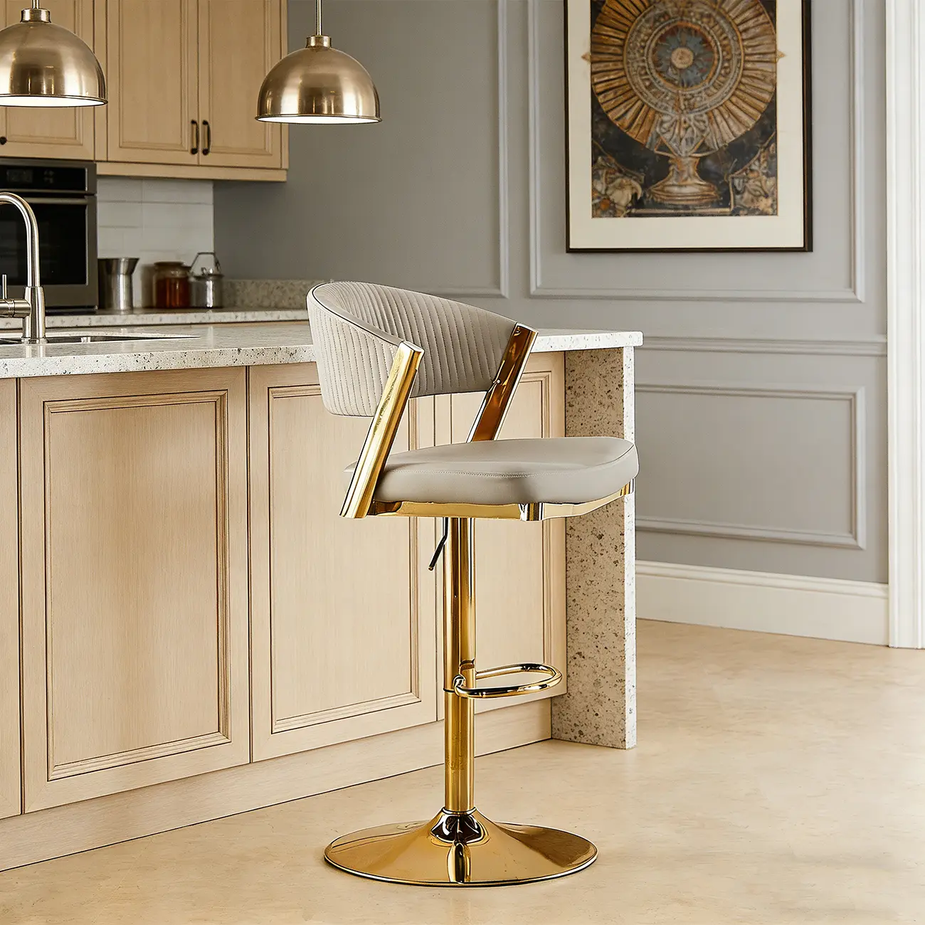 Adjustable Faux Leather Glam Swivel Bar Stools Gold Base Image - 2 | homeyfad