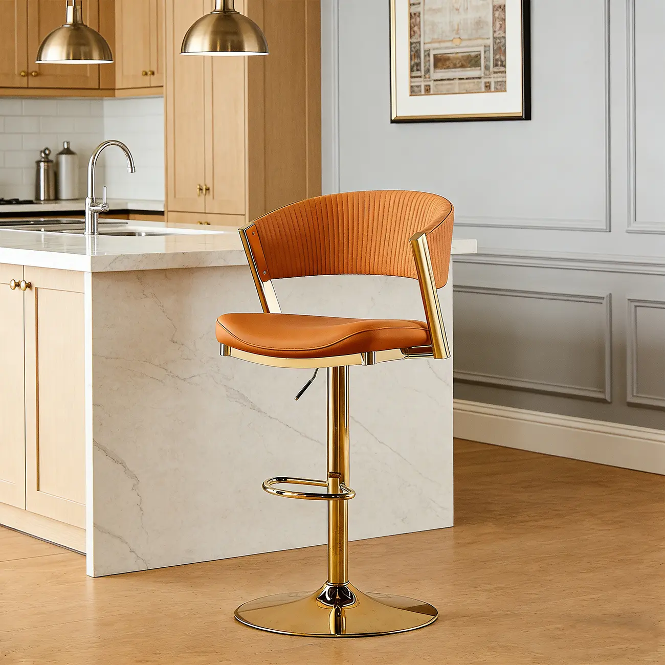 Adjustable Faux Leather Glam Swivel Bar Stools Gold Base Image - 3 | homeyfad