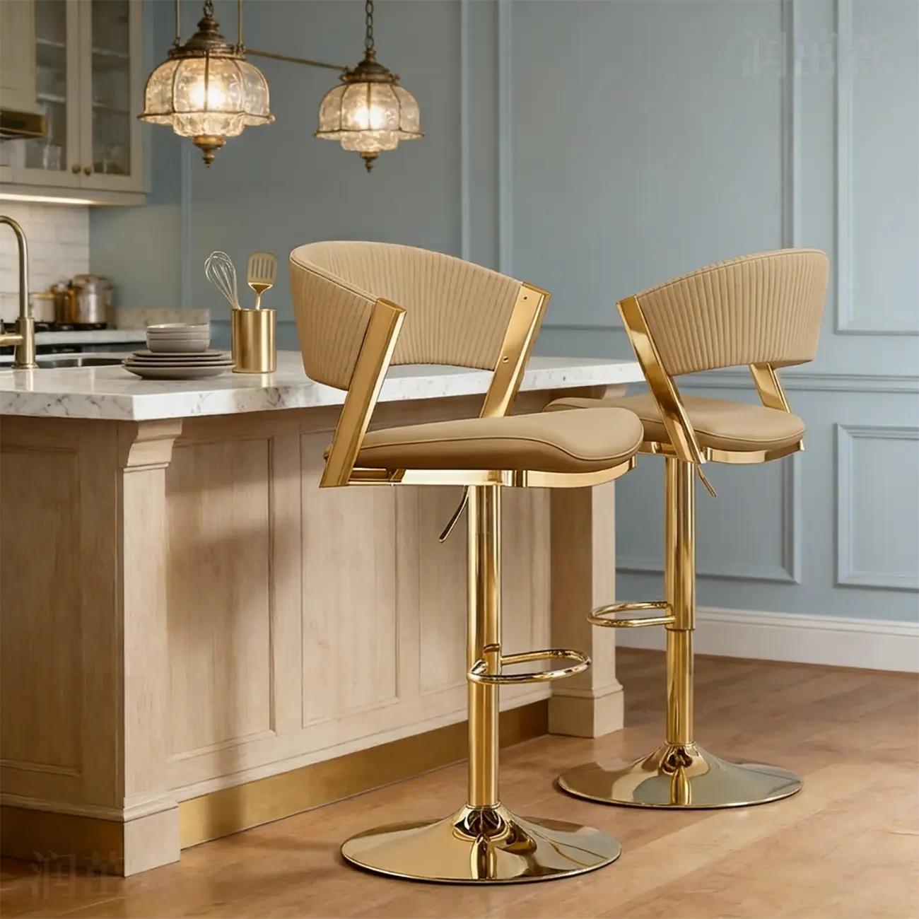 Adjustable Faux Leather Glam Swivel Bar Stools Gold Base Image - 9 | homeyfad