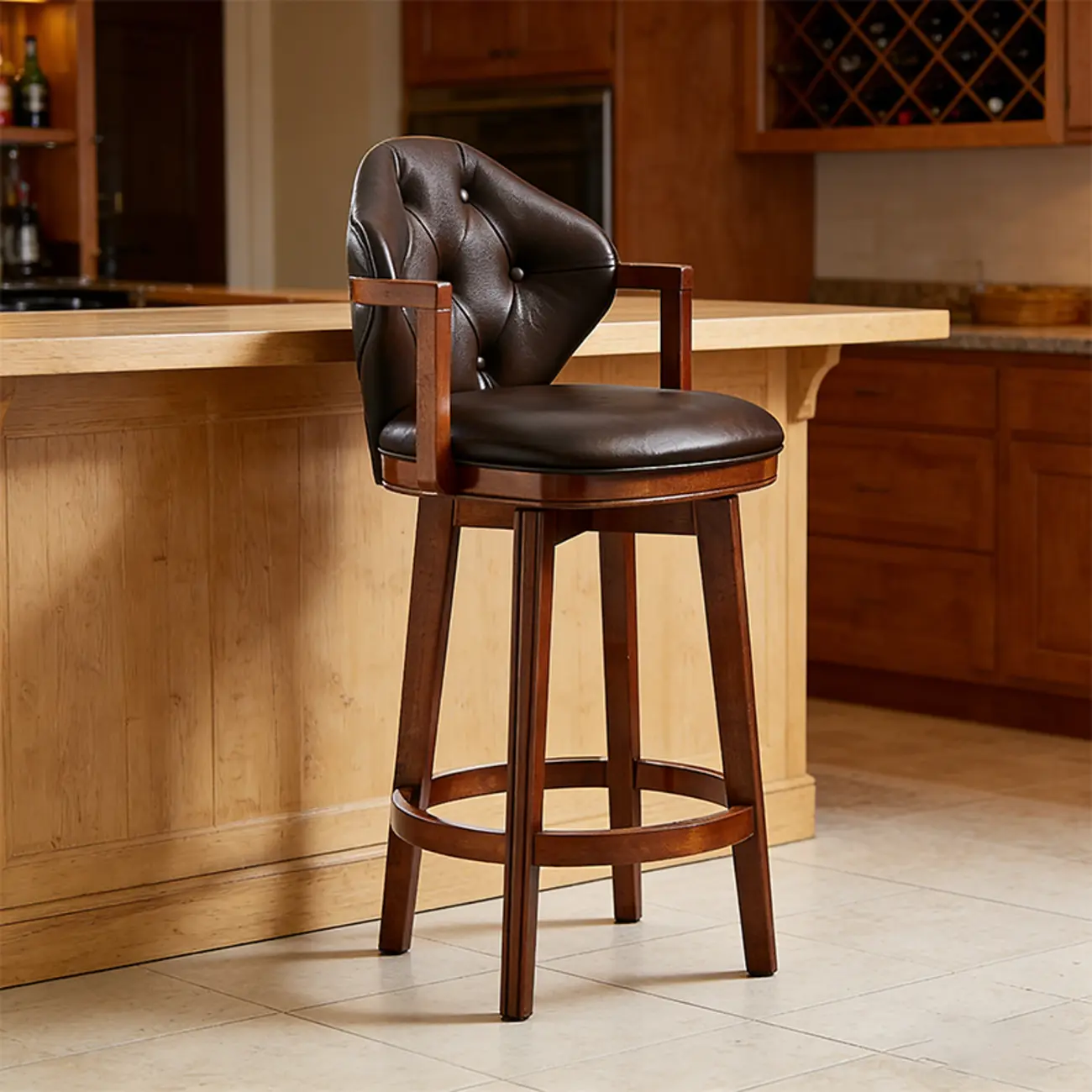 Genuine Leather Traditional Wingback Swivel Bar Stool Solid Wood Image - 13 | homeyfad