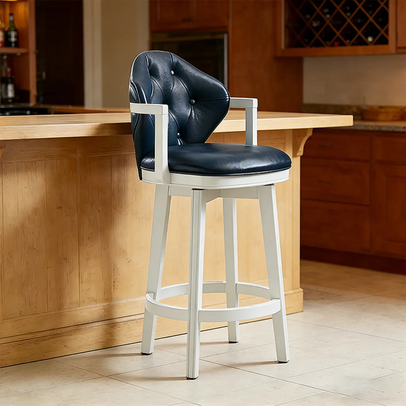 Genuine Leather Traditional Wingback Swivel Bar Stool Solid Wood Image - 16 | homeyfad