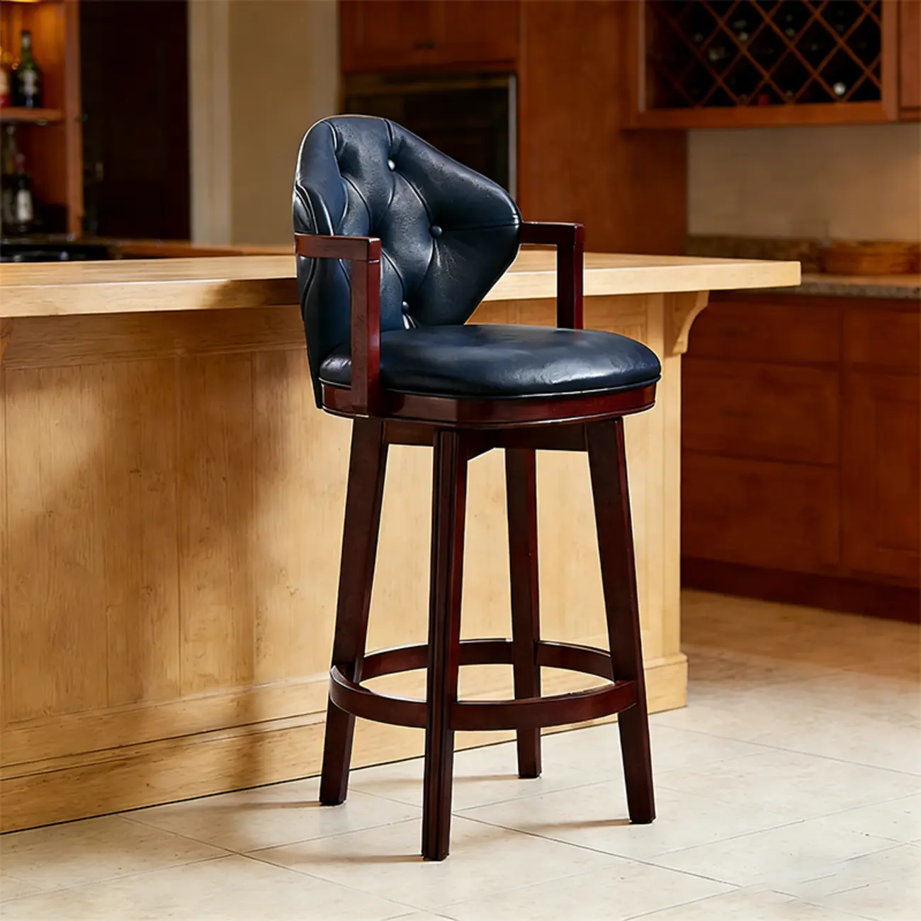 Genuine Leather Traditional Wingback Swivel Bar Stool Solid Wood Image - 15 | homeyfad