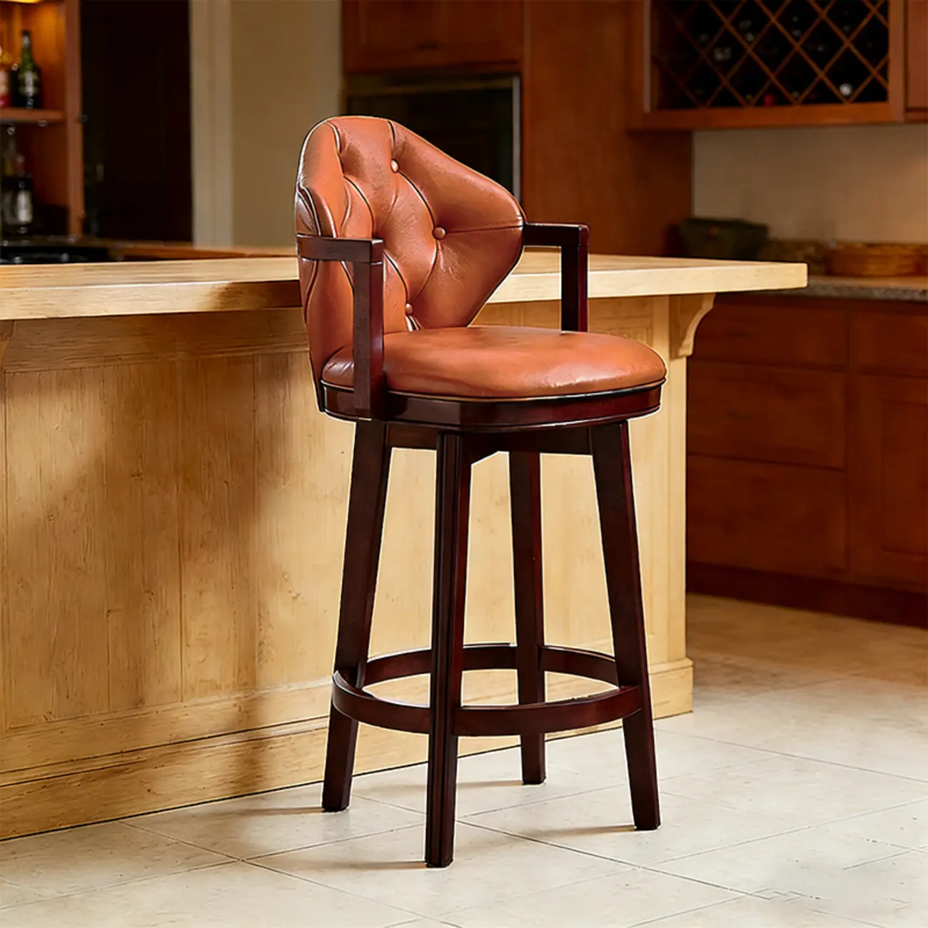 Genuine Leather Traditional Wingback Swivel Bar Stool Solid Wood Image - 14 | homeyfad