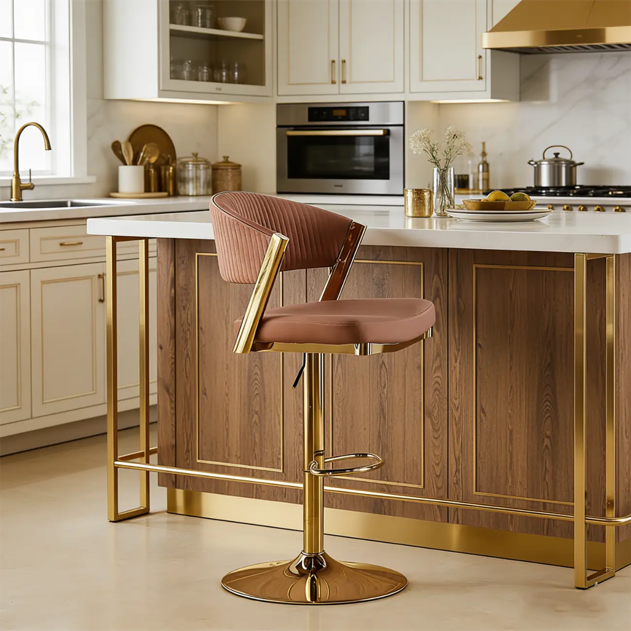 Adjustable Faux Leather Glam Swivel Bar Stools Gold Base Image - 4 | homeyfad
