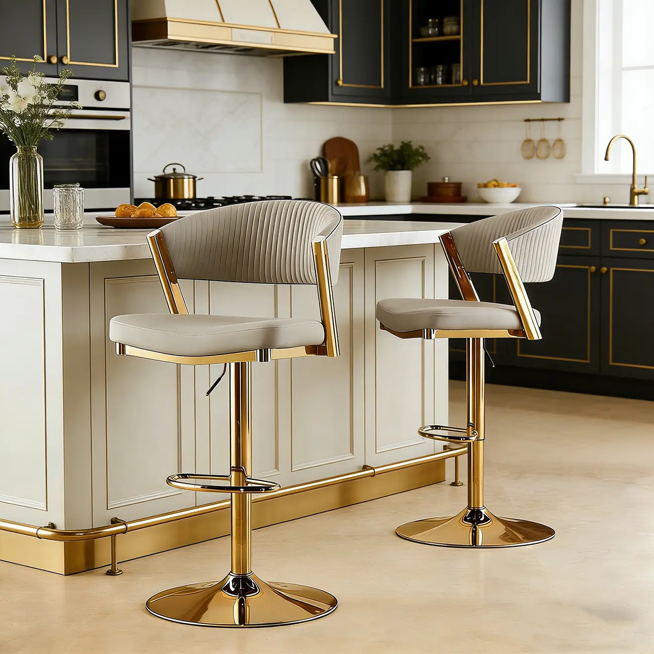 Adjustable Faux Leather Glam Swivel Bar Stools Gold Base Image - 7 | homeyfad