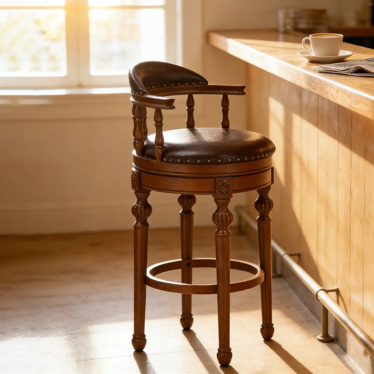 Traditional Brown Solid Wood Top-grain Leather Bar Stools Image - 12 | homeyfad