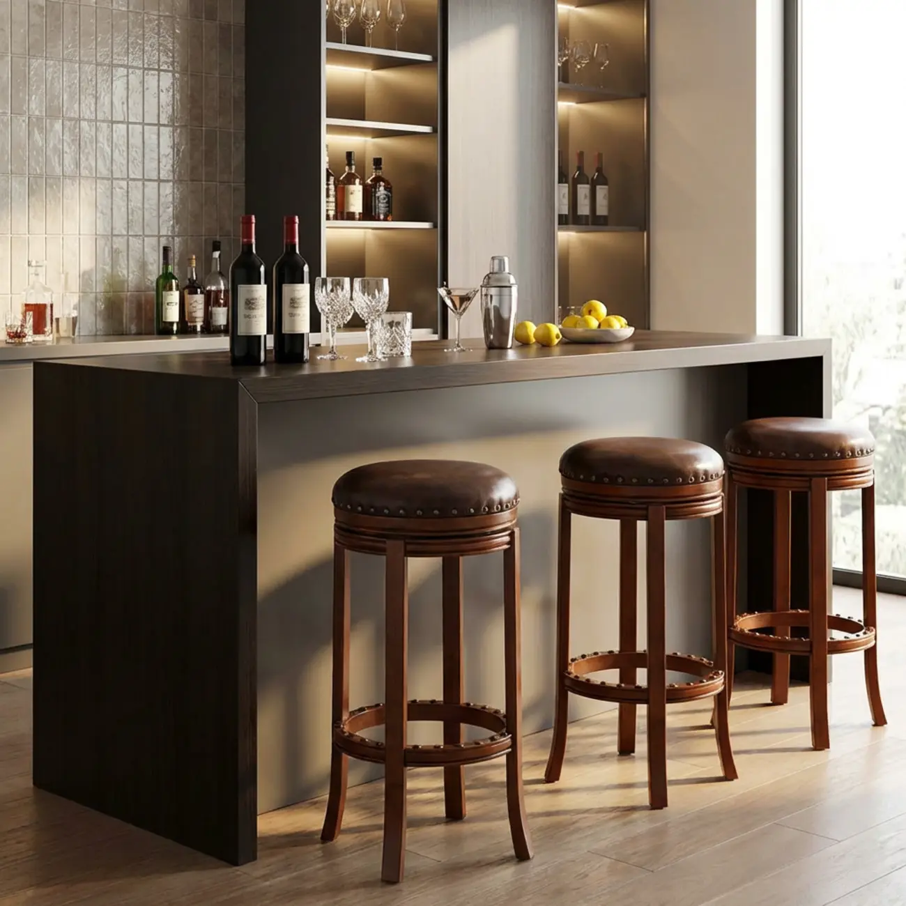 Traditional Brown Rubberwood Cushioned Bar Stools Image - 5 | homeyfad