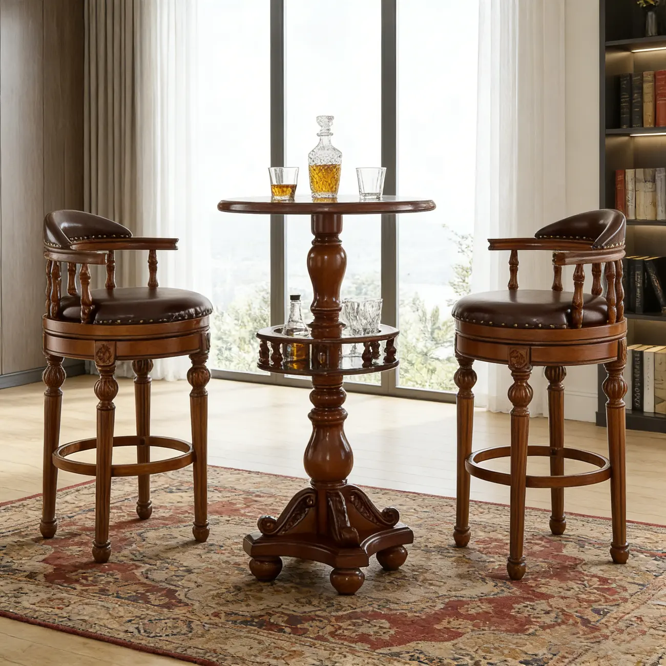Traditional Brown Solid Wood Top-grain Leather Bar Stools Image - 1 | homeyfad