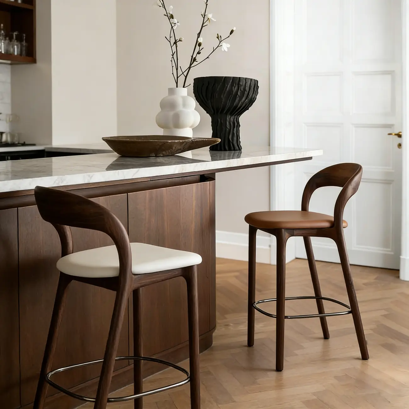 Mid-Century Modern Wood Faux Leather Bar Stool Image - 6 | homeyfad