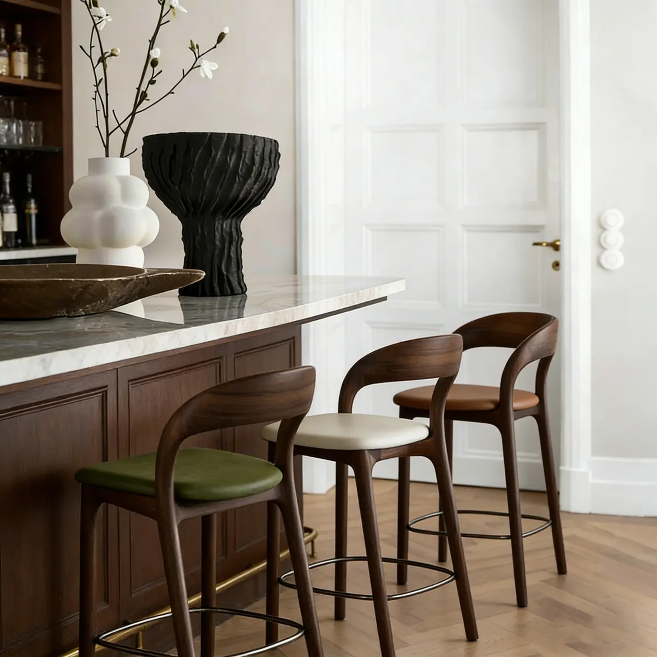 Mid-Century Modern Wood Faux Leather Bar Stool Image - 2 | homeyfad